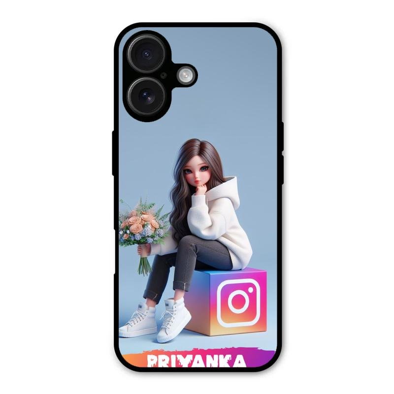 Girl With Flower Glossy Metal Case Cover For iPhone 16 Plus