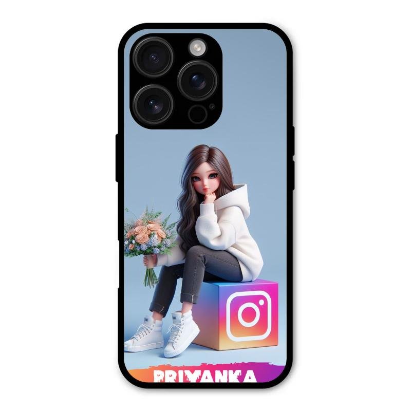 Girl With Flower Glossy Metal Case Cover For iPhone 16 Pro