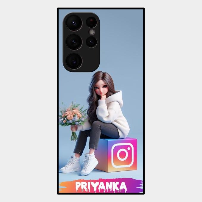 Girl With Flower Glossy Metal Case Cover For Samsung Galaxy S22 Ultra 5G