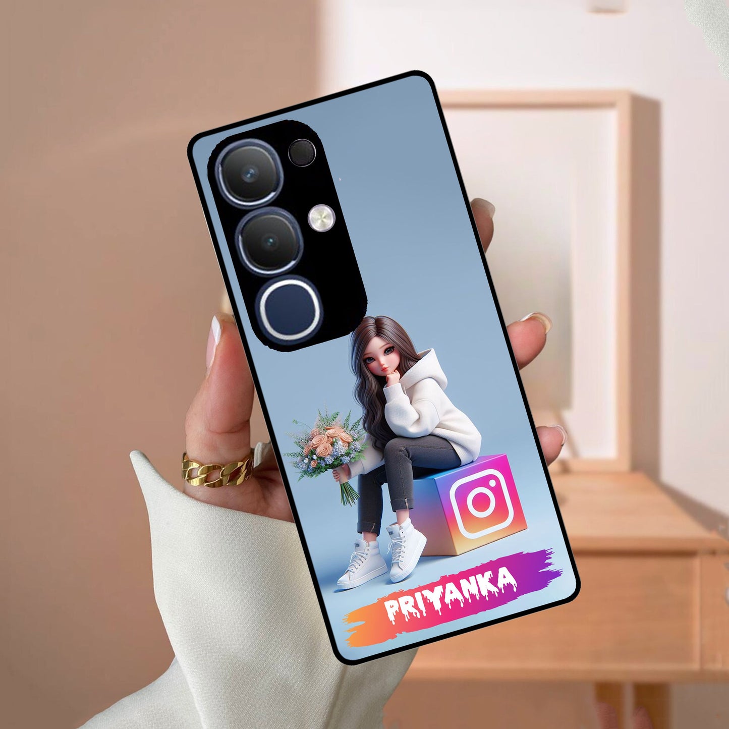 Girl With Flower Glossy Metal Case Cover For Vivo