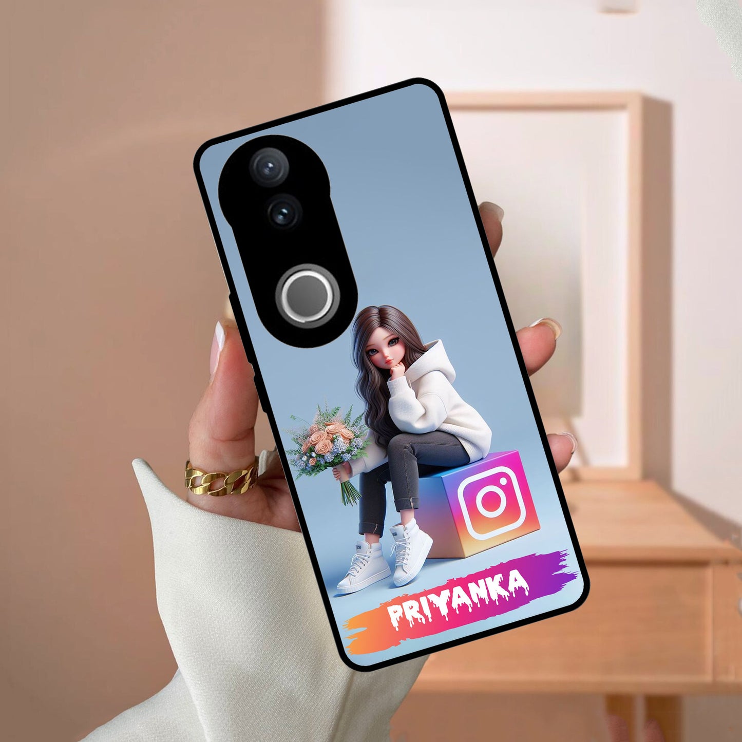 Girl With Flower Glossy Metal Case Cover For Vivo