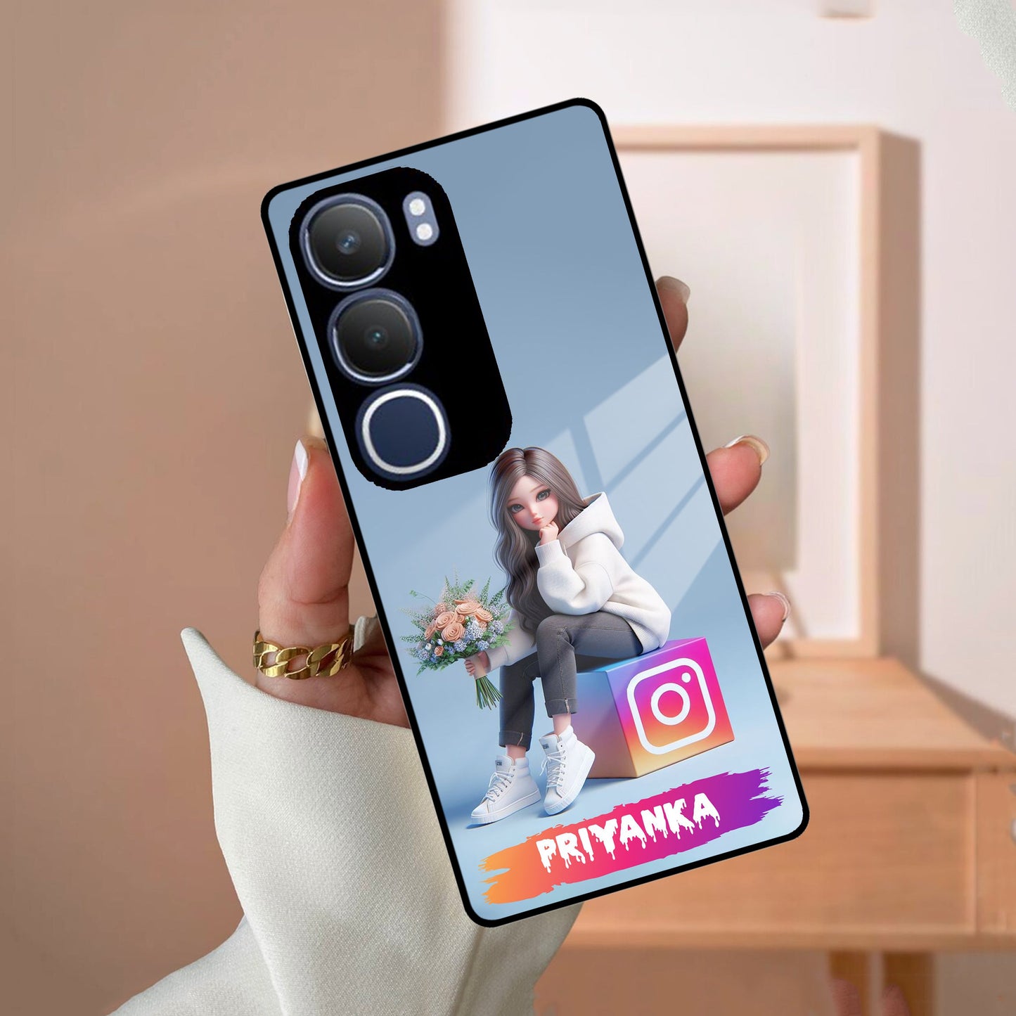 Girl With Flower Glossy Metal Case Cover For Vivo