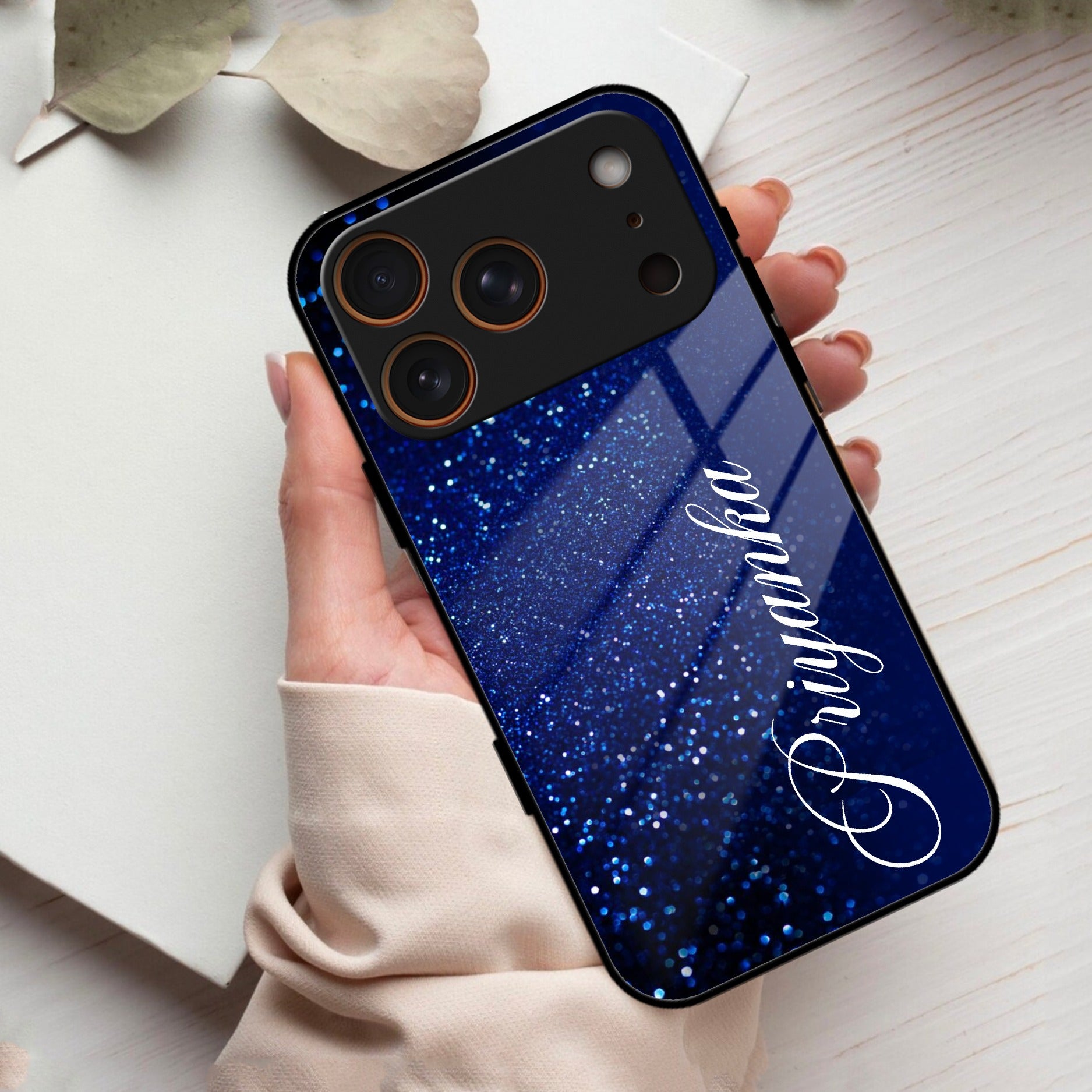 Glitter Customize Glass Case Cover Blue For iPhone 17 Pro