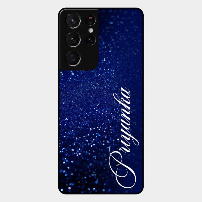 Glitter Customize Glass Case Cover Blue For Samsung Galaxy S21 Ultra