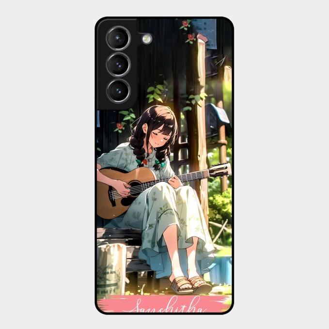 Guitar Girl Glossy Metal Case Cover For Samsung Galaxy S21