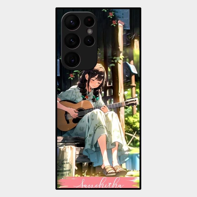 Guitar Girl Glossy Metal Case Cover For Samsung Galaxy S22 Ultra 5G