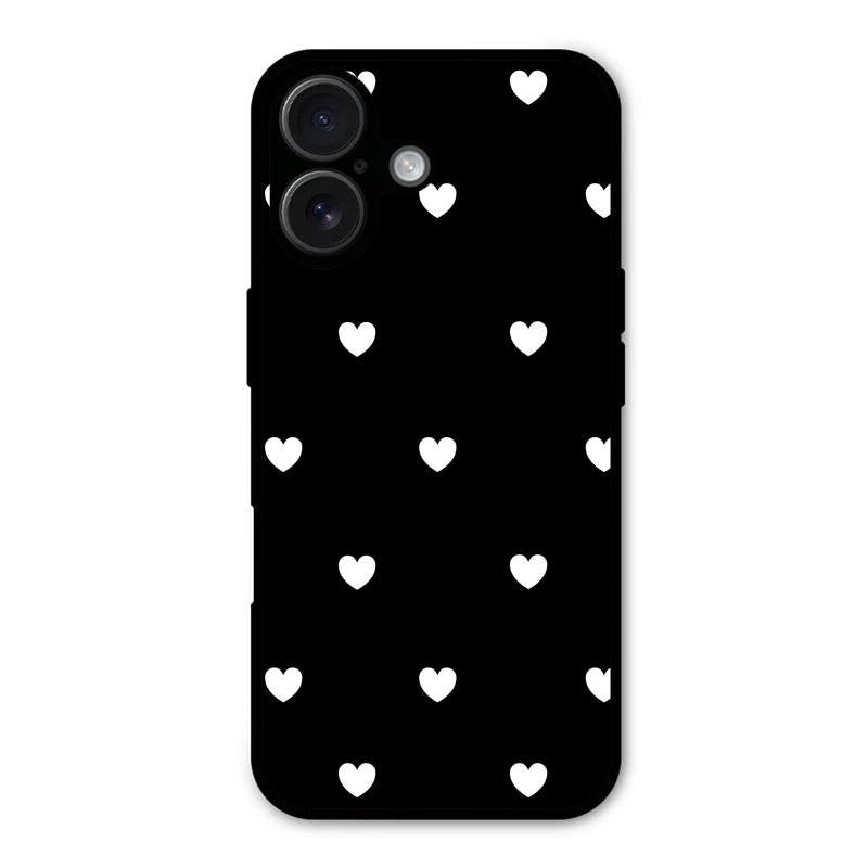 Heart Pattern Black Glass Case Cover For iPhone 16 Plus