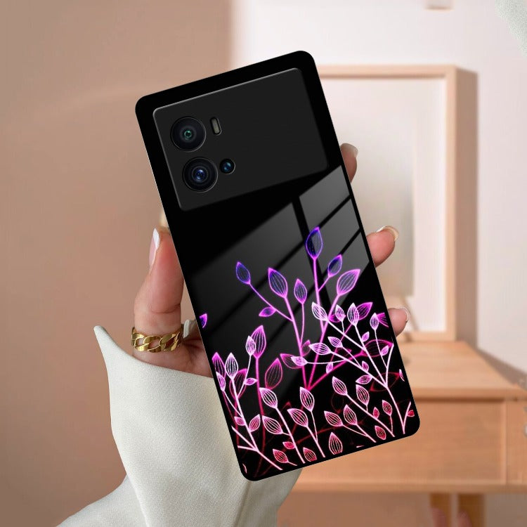 Multicolor Flower Print Glass Case Cover For iQOO