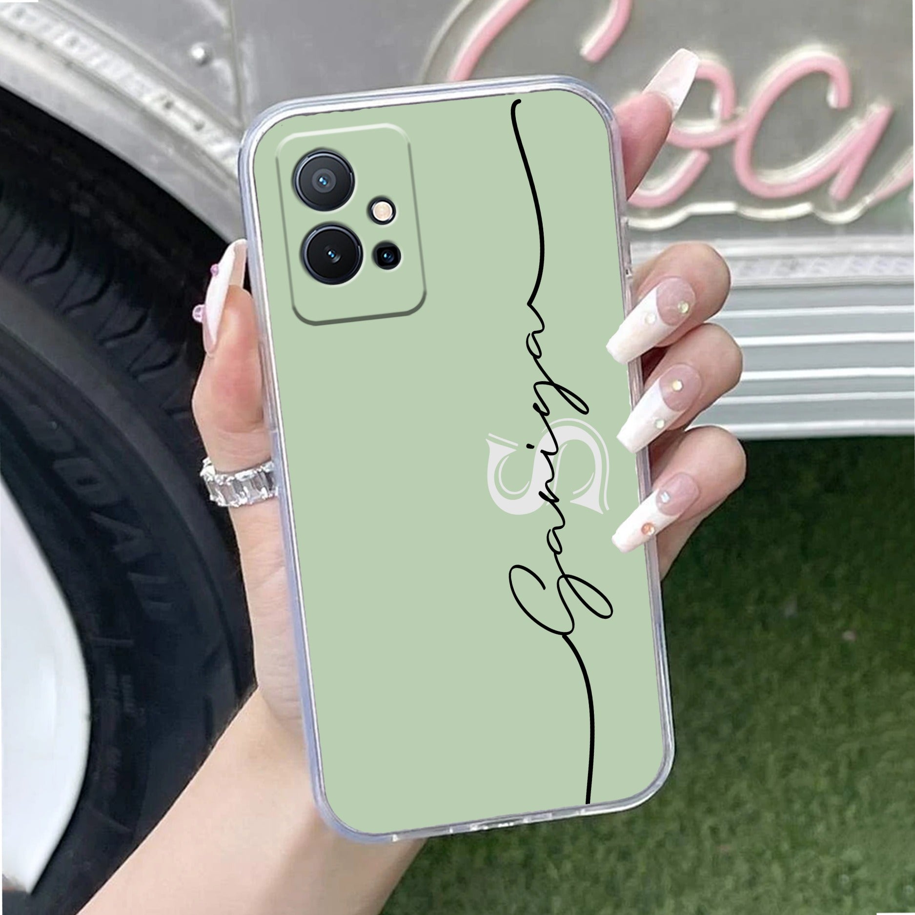 Personalized Initials Mint Green Silicon Case For Vivo T1 5G
