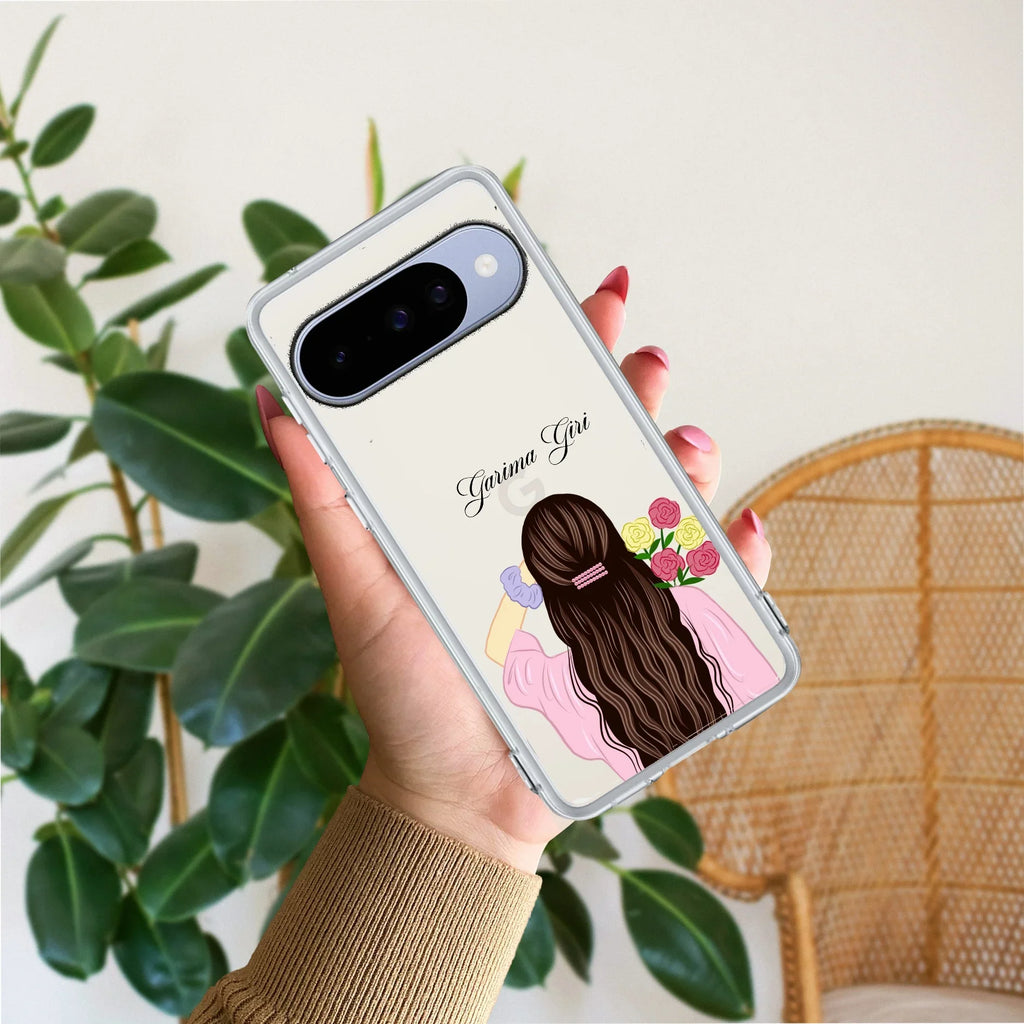 Personalized Pink Blossom Girl Transparent Silicon Case For Google Pixel 9