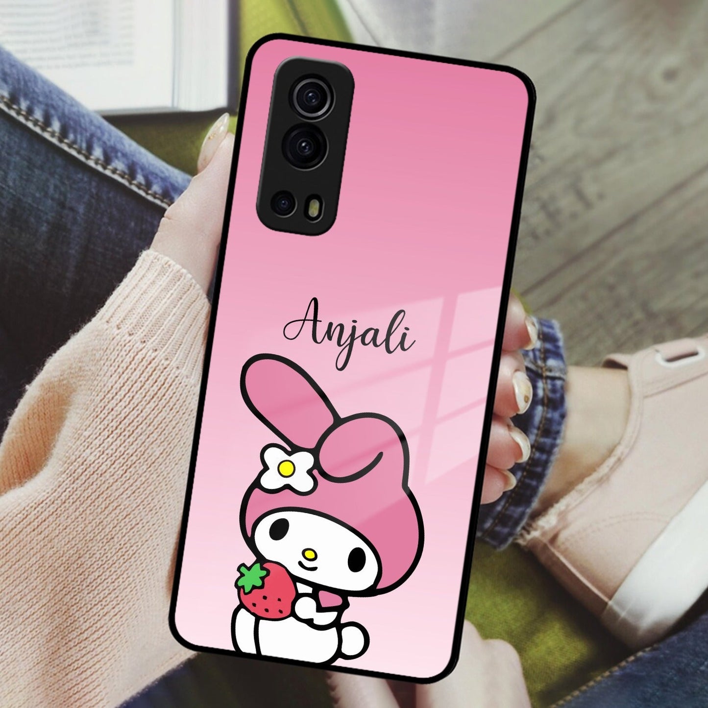 Pink Bunny Glass Case Cover For iQOO