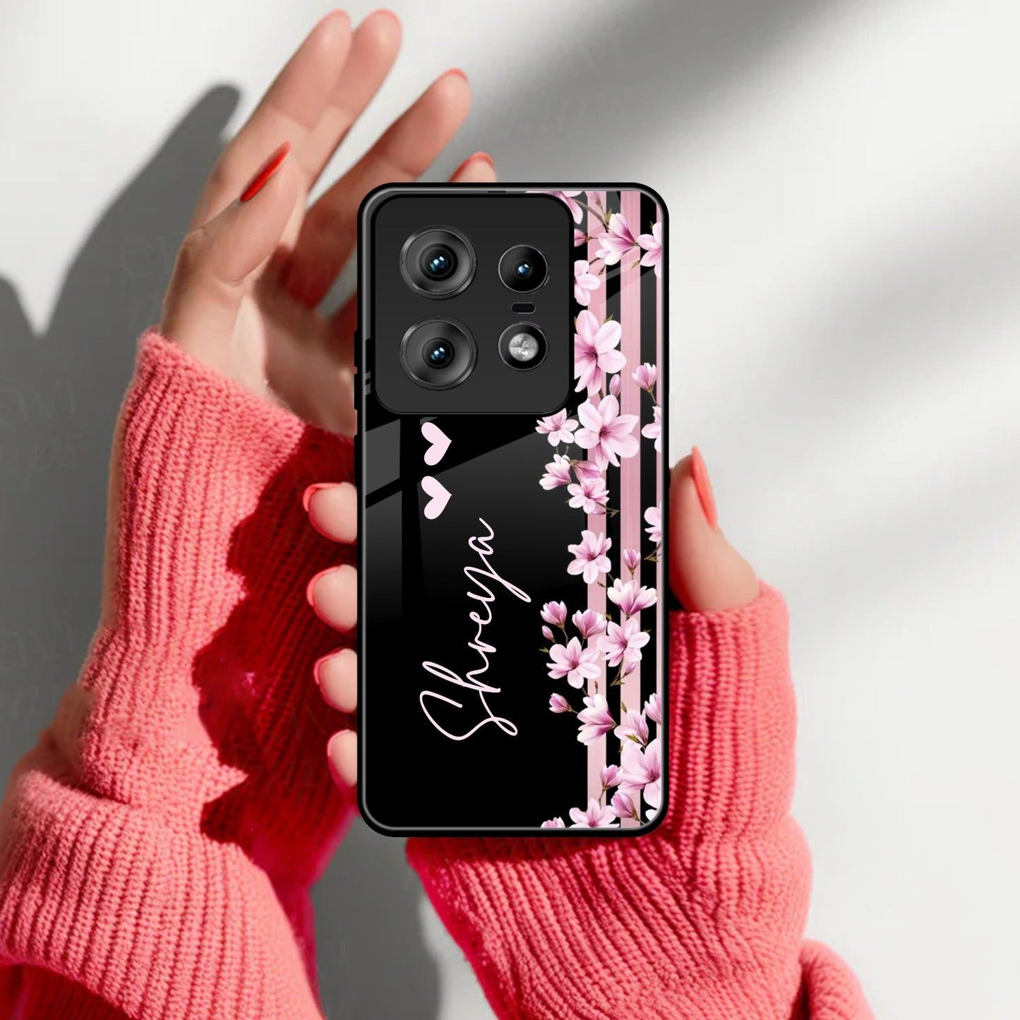 Pink Floral Customize Glass Case Cover For Motorola