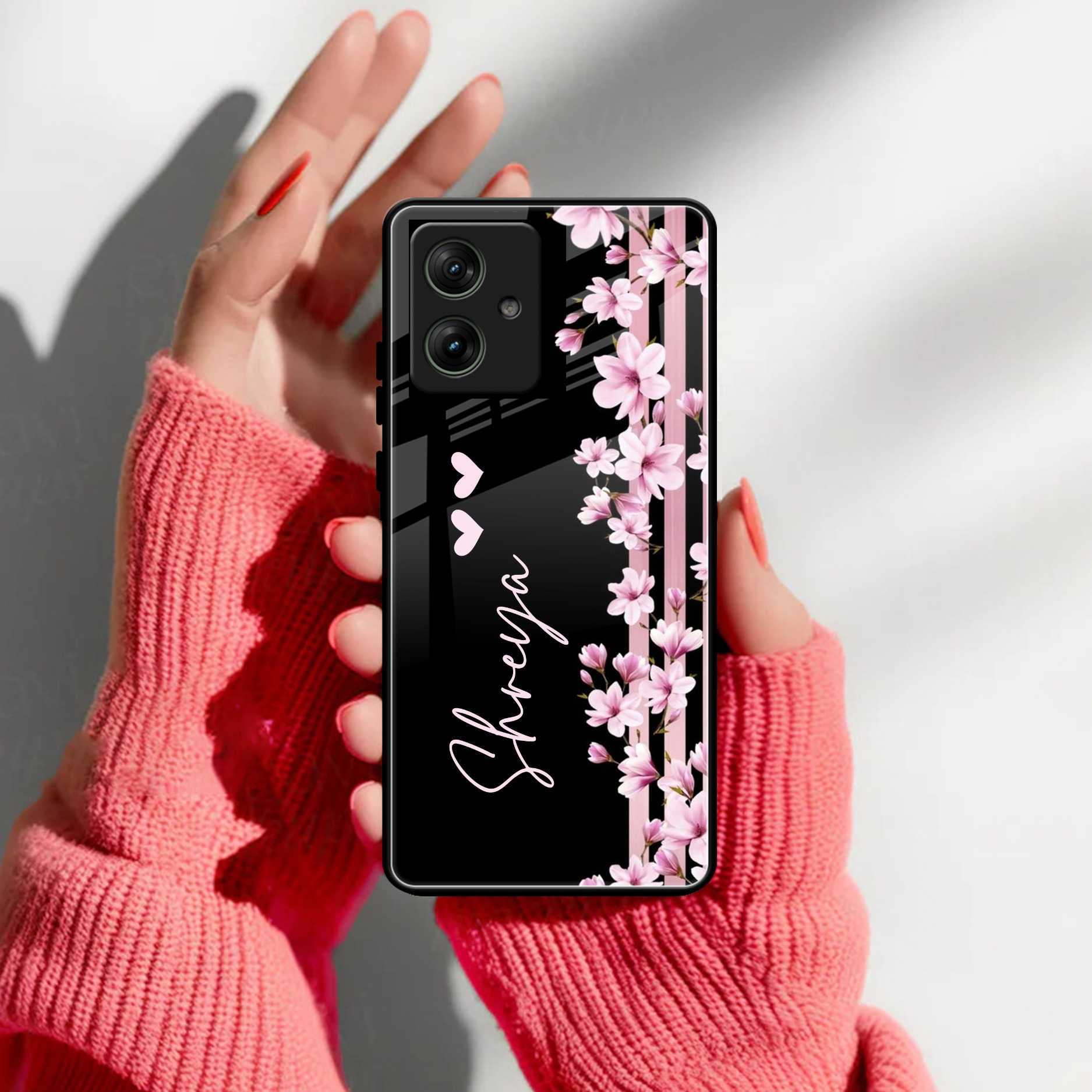 Pink Floral Customize Glass Case Cover For Motorola