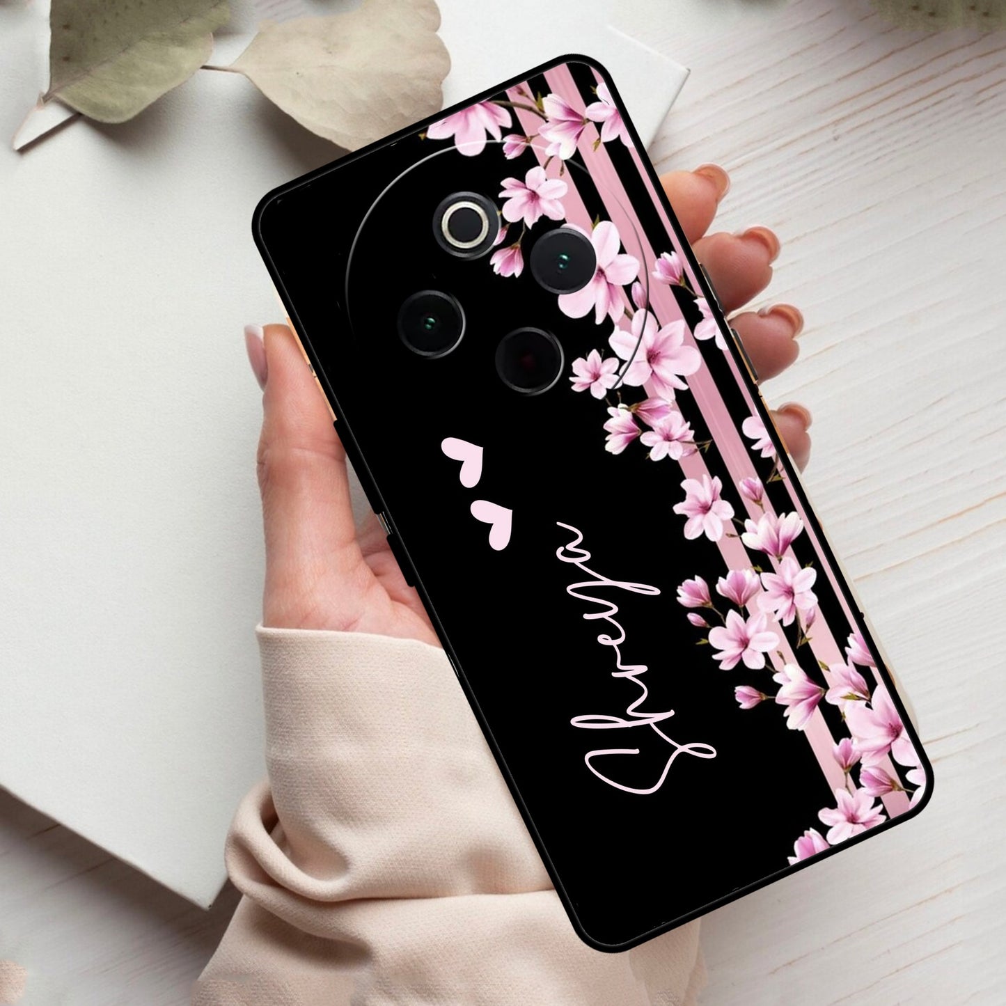 Pink Floral Customize Glass Case Cover For Vivo