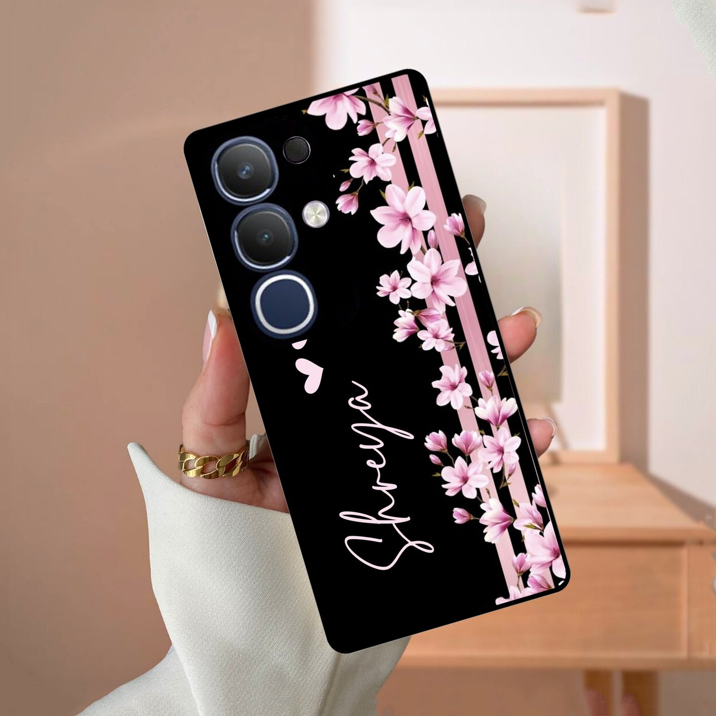 Pink Floral Customize Glass Case Cover For Vivo