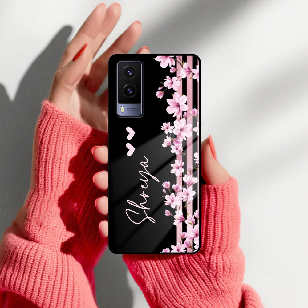 Pink Floral Customize Glass Case Cover For Vivo