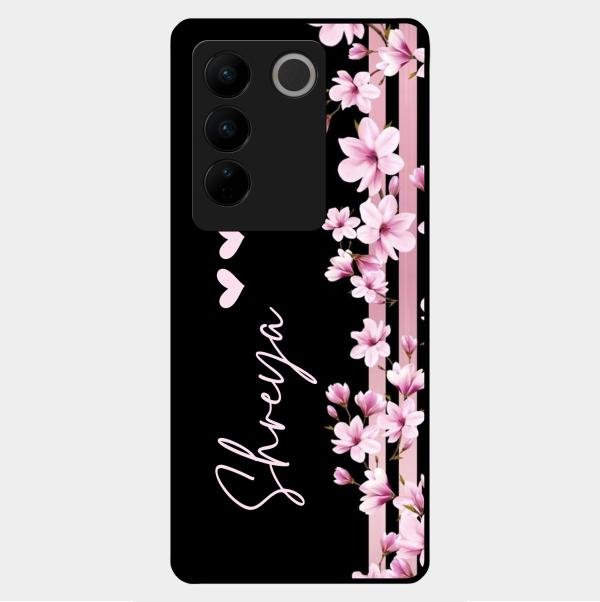 Pink Floral Customize Glass Case Cover For Vivo V27 5G