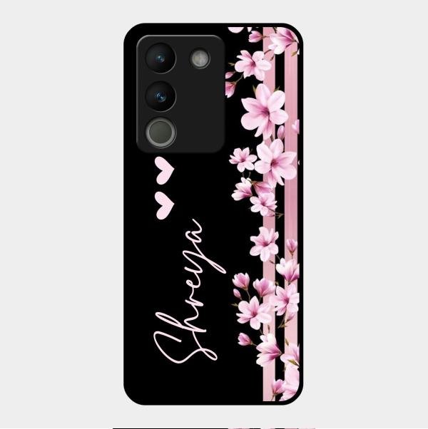 Pink Floral Customize Glass Case Cover For Vivo Y200 5G