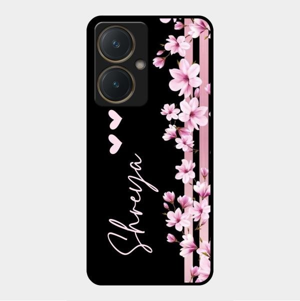 Pink Floral Customize Glass Case Cover For Vivo Y27