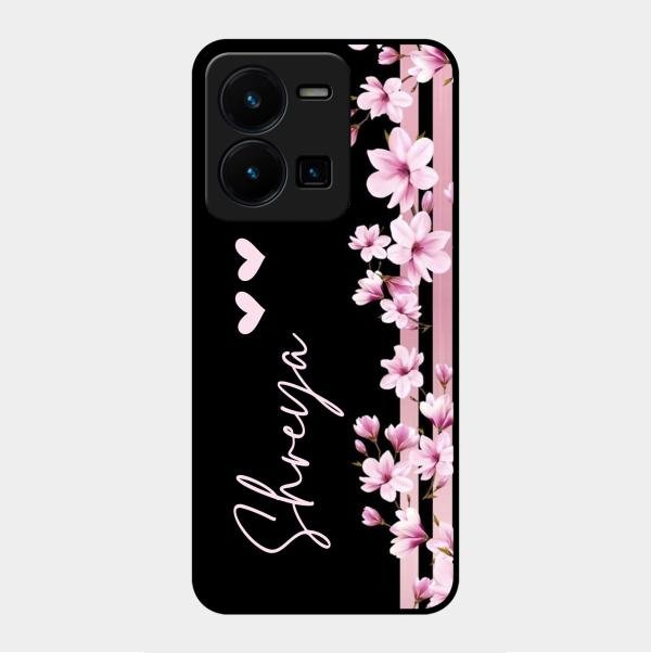 Pink Floral Customize Glass Case Cover For Vivo Y35