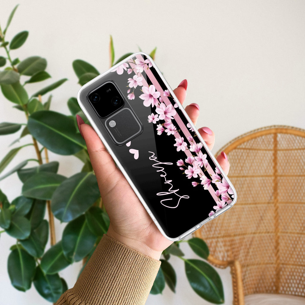 Pink Floral Customize Transparent Silicon Case For Vivo V30 5G