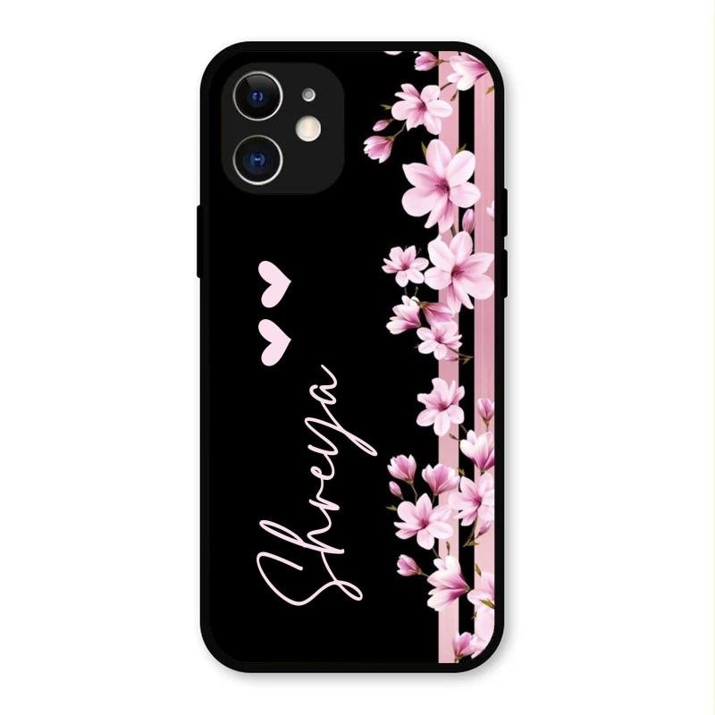 Pink Floral Glossy Metal Case Cover For iPhone 12