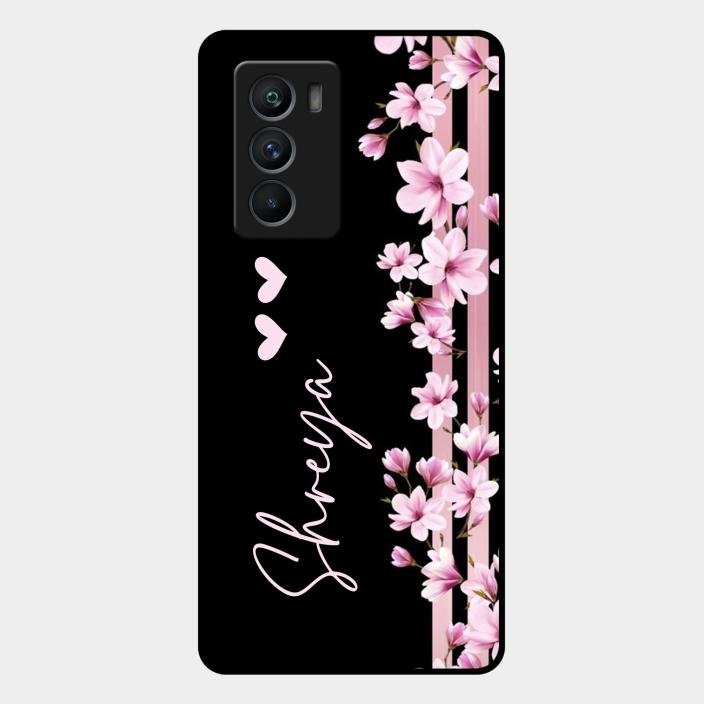 Pink Floral Glossy Metal Case Cover For Iqoo 9 Se 5G