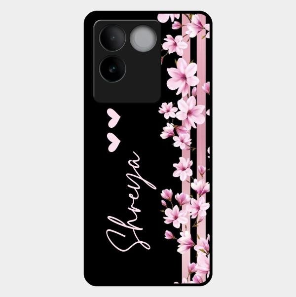 Pink Floral Glossy Metal Case Cover For Iqoo Z7 Pro 5G