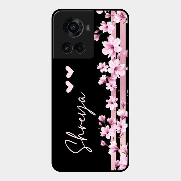 Pink Floral Glossy Metal Case Cover For Oneplus 10R 5G