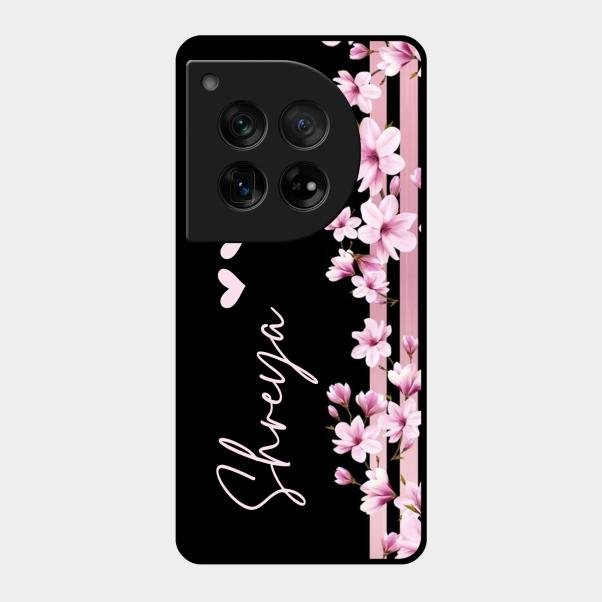Pink Floral Glossy Metal Case Cover For Oneplus 12 5G