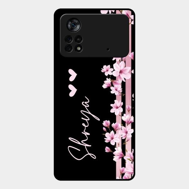 Pink Floral Glossy Metal Case Cover For Poco X4 Pro 5G