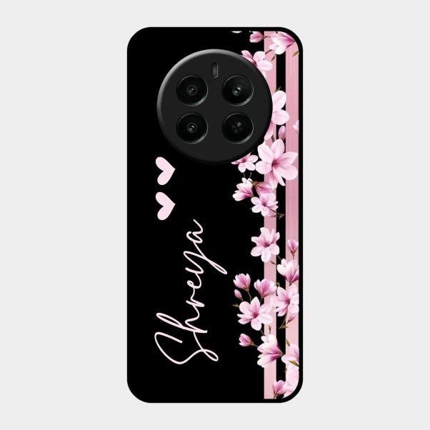 Pink Floral Glossy Metal Case Cover For Realme 12 Plus 5G