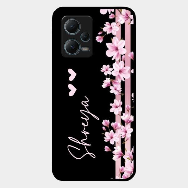 Pink Floral Glossy Metal Case Cover For Redmi Note 12 5G