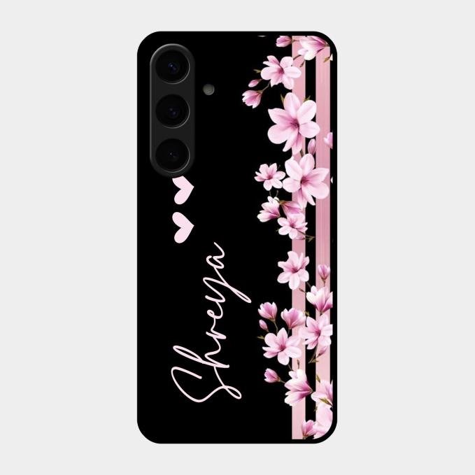 Pink Floral Glossy Metal Case Cover For Samsung Galaxy S24 Plus 5G