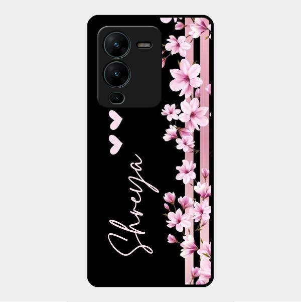 Pink Floral Glossy Metal Case Cover For Vivo V25 Pro 5G