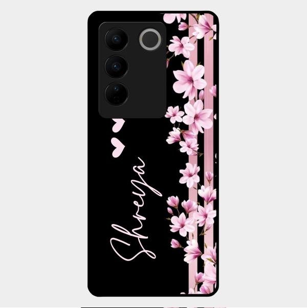 Pink Floral Glossy Metal Case Cover For Vivo V27 Pro 5G