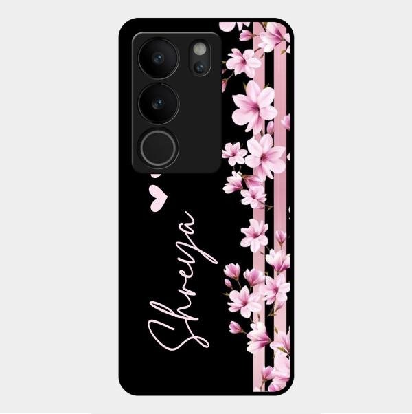 Pink Floral Glossy Metal Case Cover For Vivo V29 Pro 5G