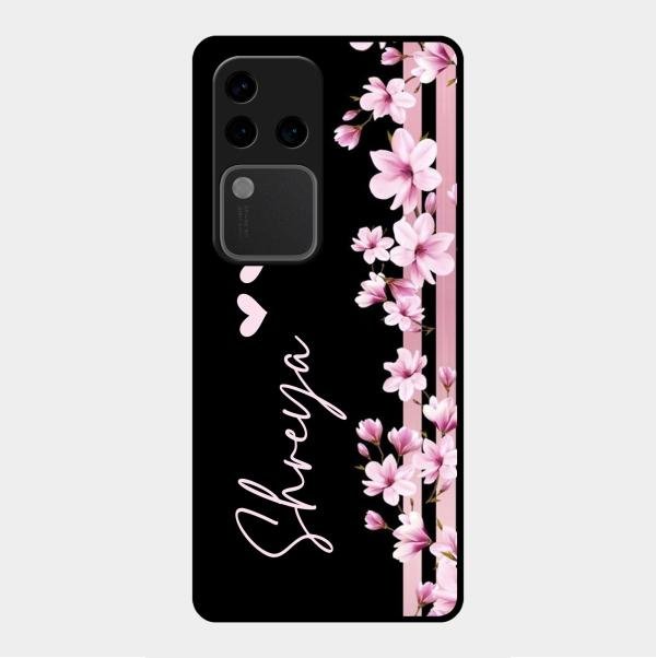 Pink Floral Glossy Metal Case Cover For Vivo V30 Pro 5G