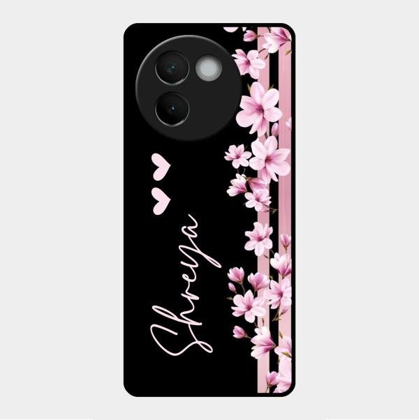 Pink Floral Glossy Metal Case Cover For Vivo V30E 5G