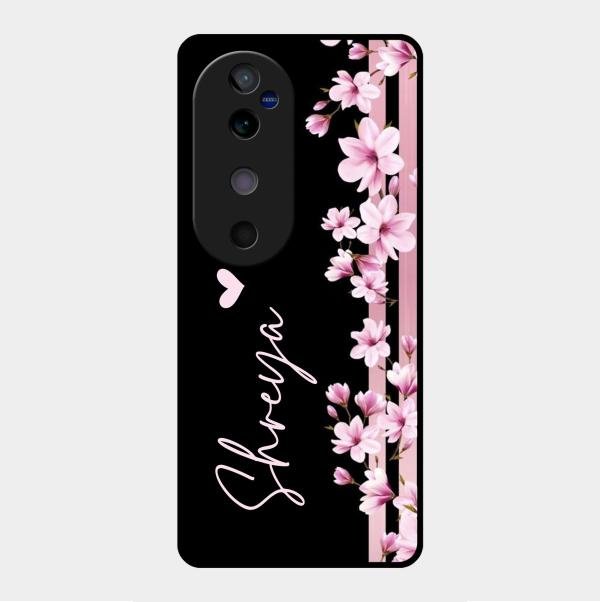 Pink Floral Glossy Metal Case Cover For Vivo V40 5G