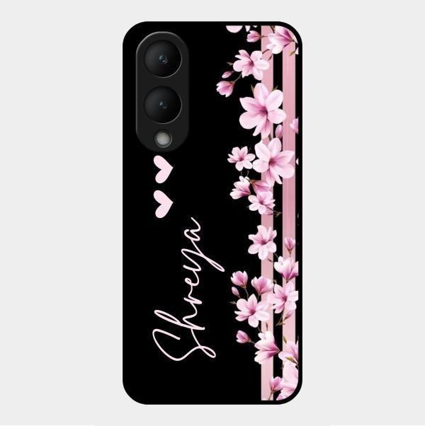 Pink Floral Glossy Metal Case Cover For Vivo Y17S