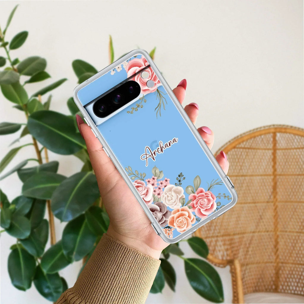 Pink Floral Transparent Silicon Case For Google Pixel 8 Pro 5G