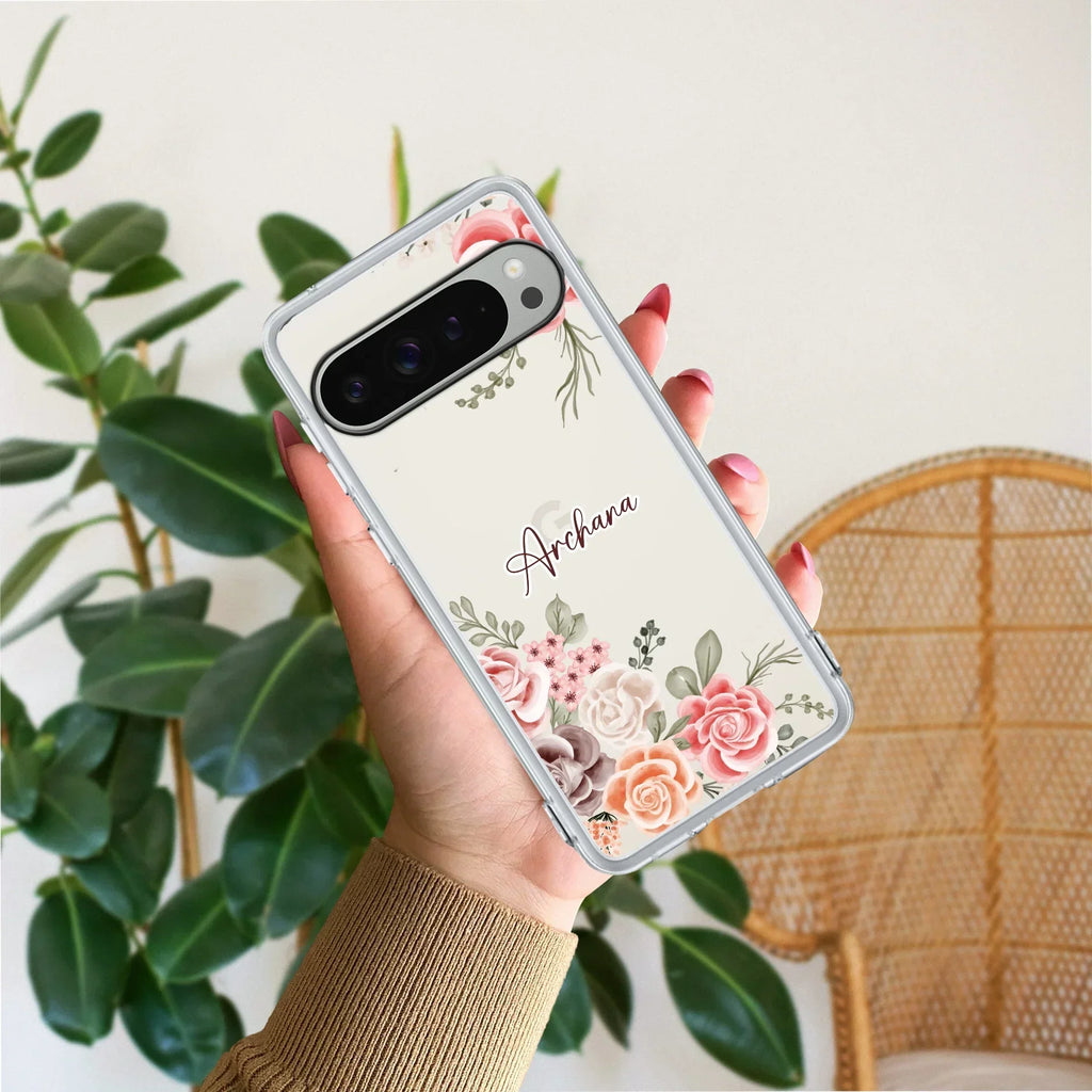 Pink Floral Transparent Silicon Case For Google Pixel 10 Pro XL