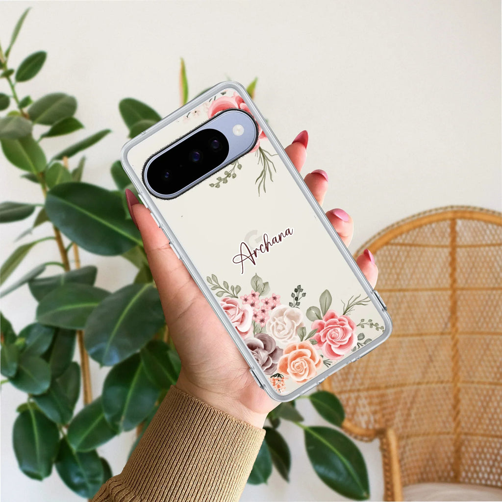 Pink Floral Transparent Silicon Case For Google Pixel 10