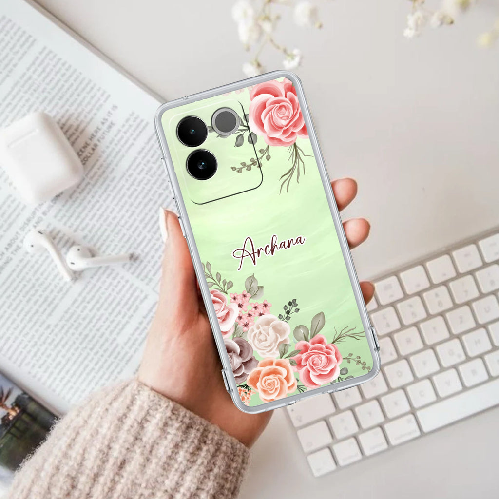 Pink Floral Transparent Silicon Case For iQOO Z7 Pro 5G