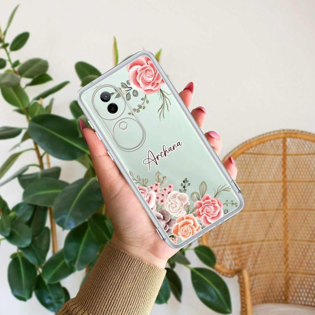 Pink Floral Transparent Silicon Case For Vivo T3X 5G