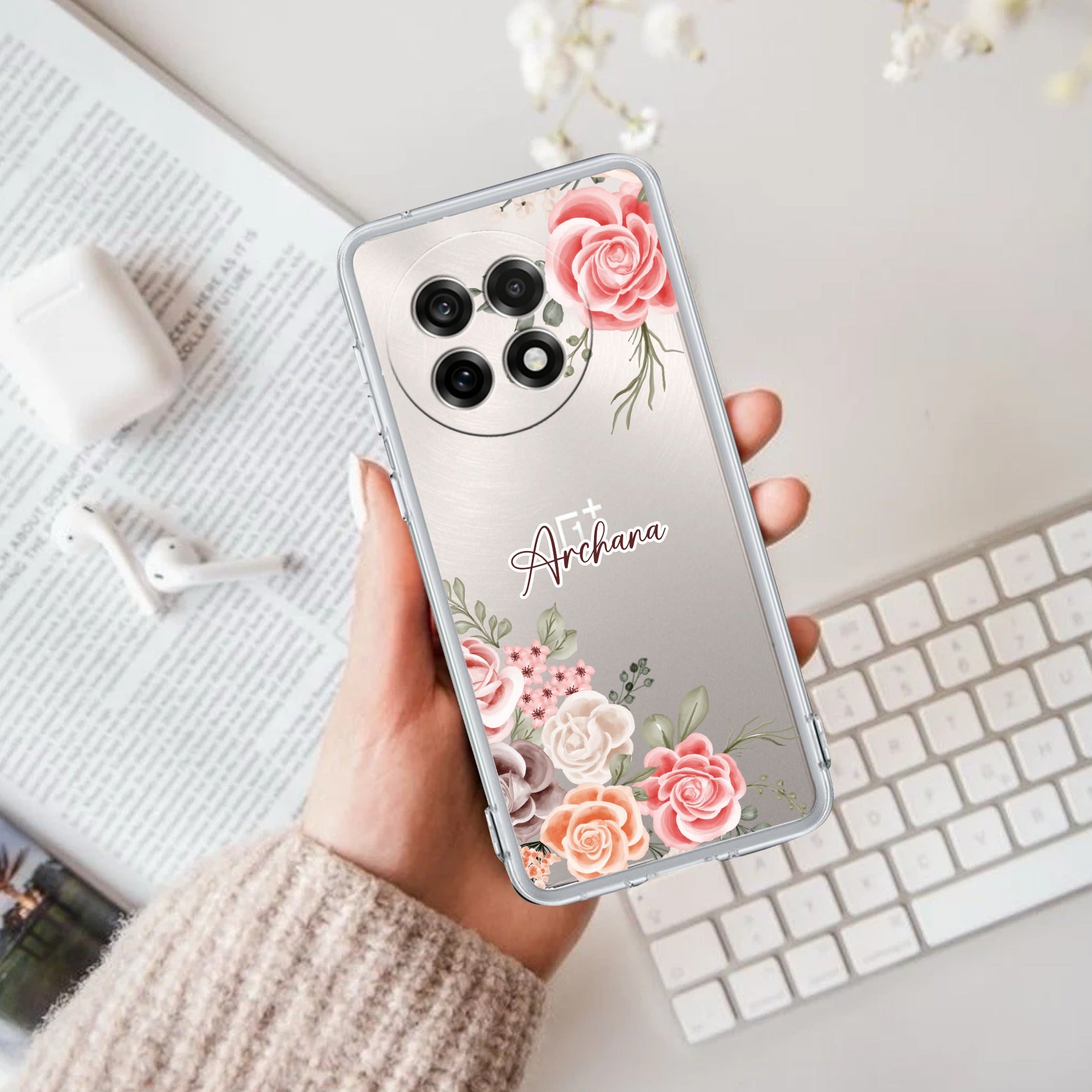 Pink Floral Transparent Silicon Case For OnePlus 13R 5G