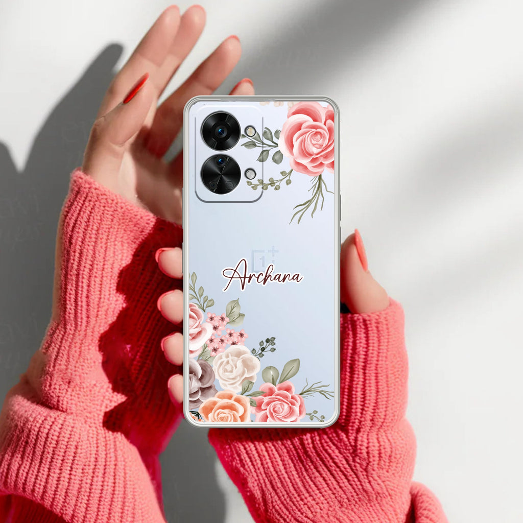 Pink Floral Transparent Silicon Case For OnePlus Nord 2T 5G