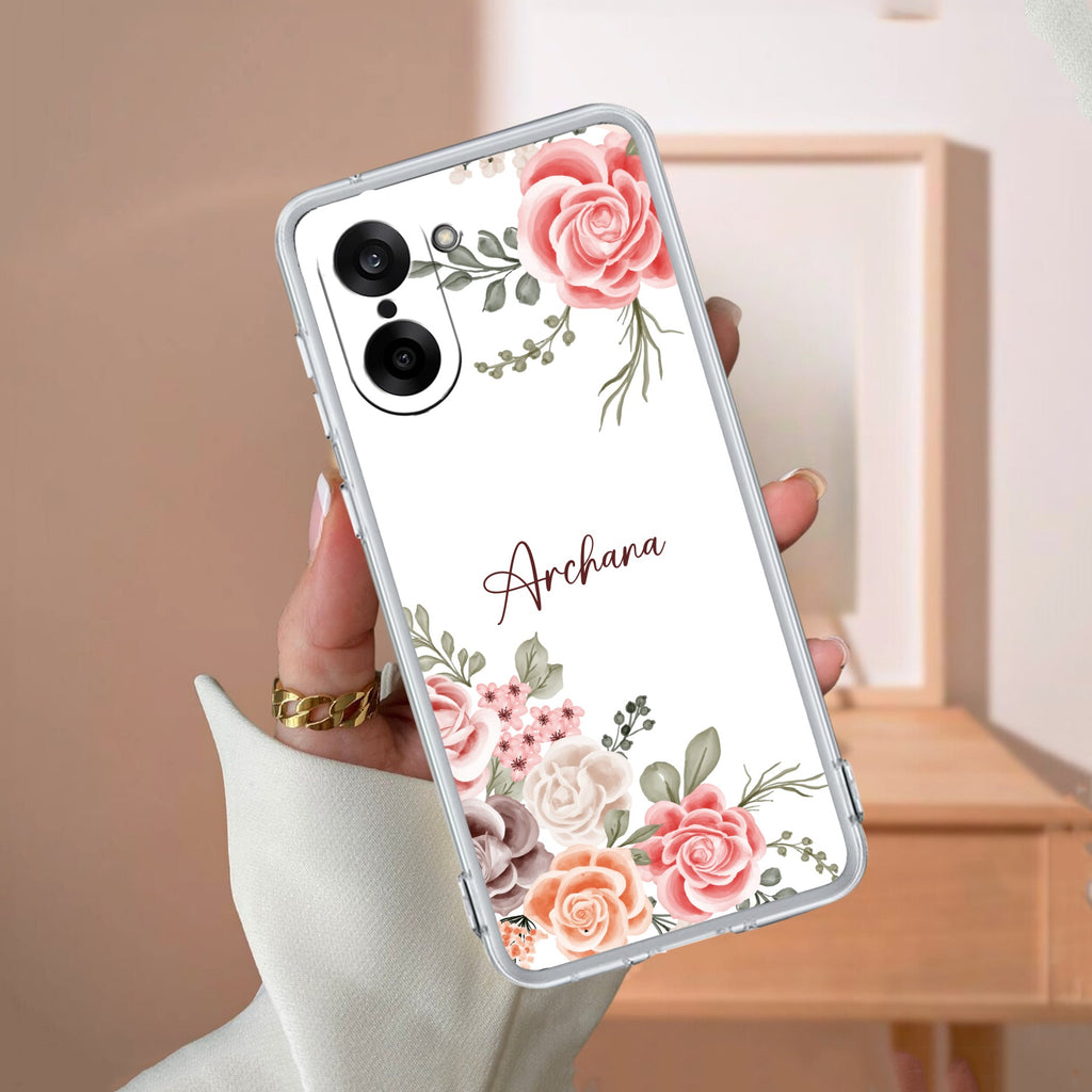 Pink Floral Transparent Silicon Case For OnePlus Nord CE5 5G