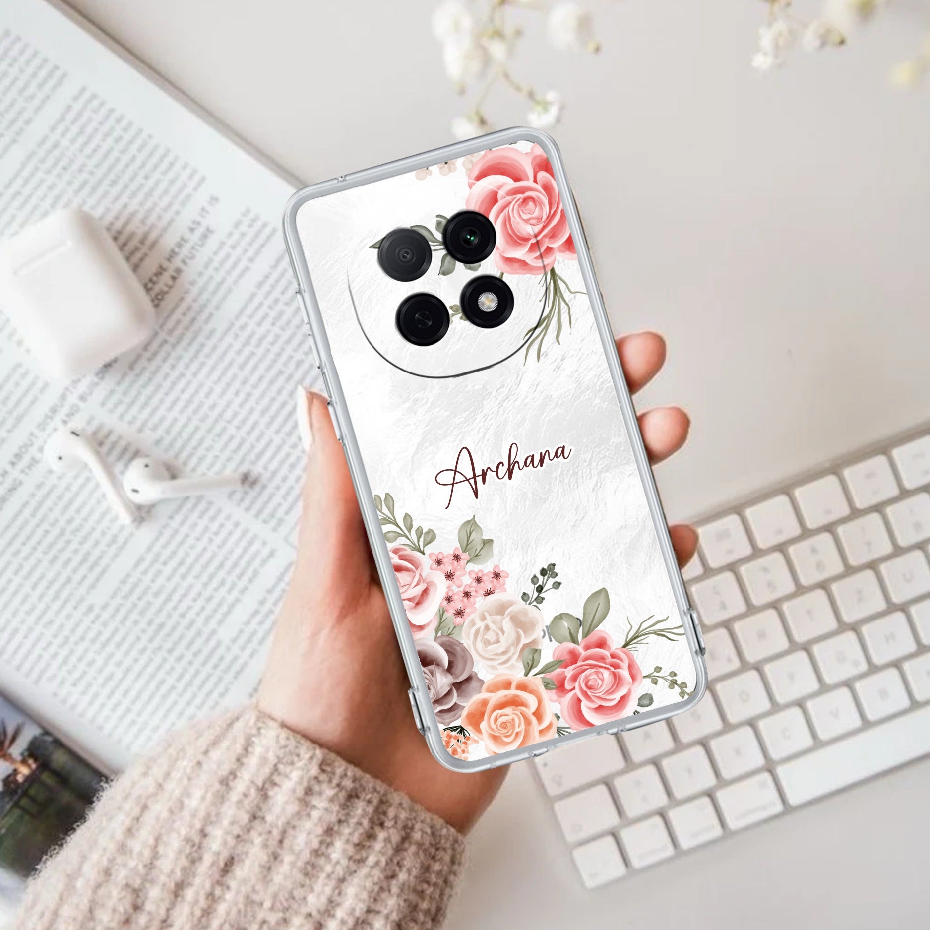 Pink Floral Customize Anti Yellow Case For Oppo F29 Pro 5G